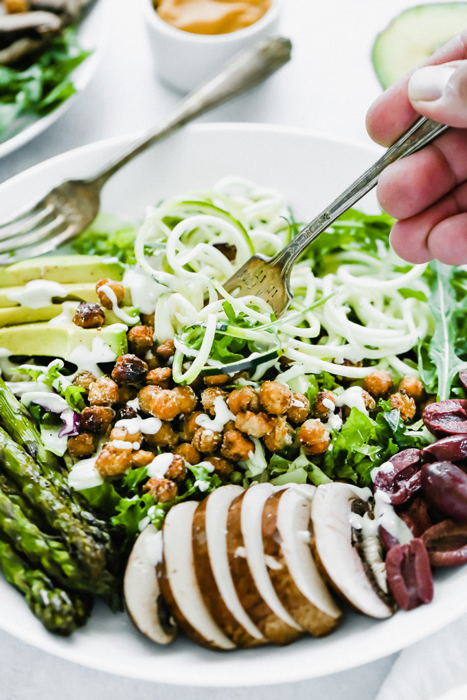 Green Goddess Salad With Roasted Chickpeas is loaded with plant protein and packed with green goodness to keep you full all day! NeuroticMommy.com #salad #vegan #healthy