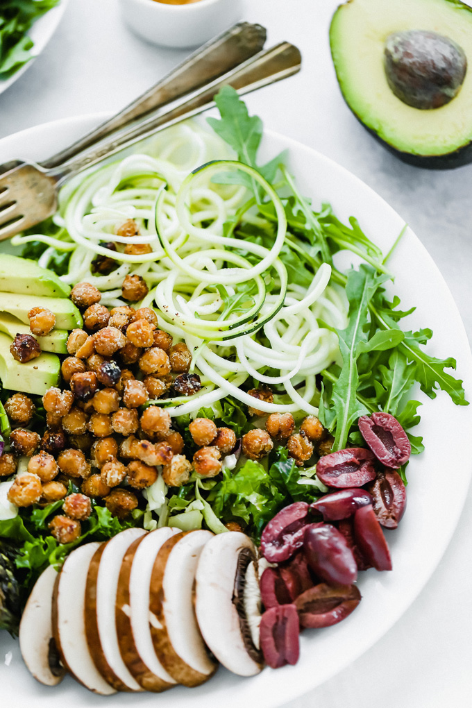 Green Goddess Salad With Roasted Chickpeas is loaded with plant protein and packed with green goodness to keep you full all day! NeuroticMommy.com #salad #vegan #healthy