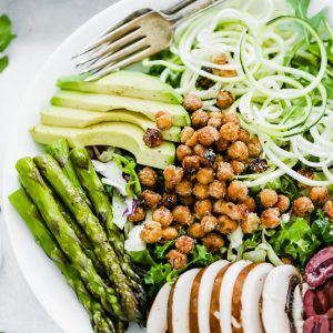 Green Goddess Salad With Roasted Chickpeas is loaded with plant protein and packed with green goodness to keep you full all day! NeuroticMommy.com #salad #vegan #healthy