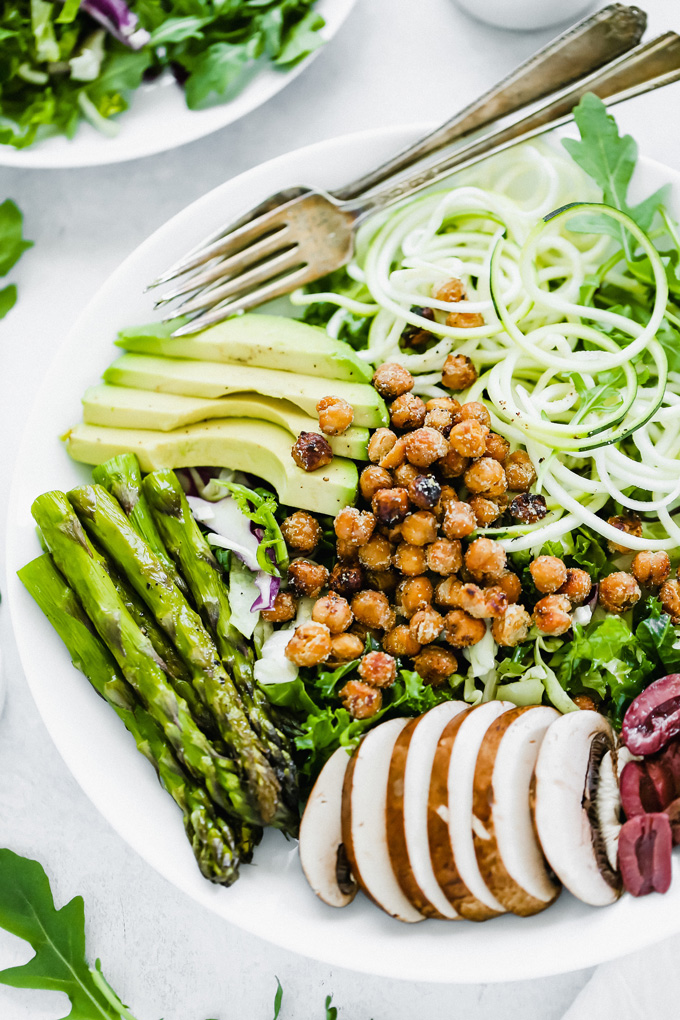 Green Goddess Salad With Roasted Chickpeas is loaded with plant protein and packed with green goodness to keep you full all day! NeuroticMommy.com #salad #vegan #healthy