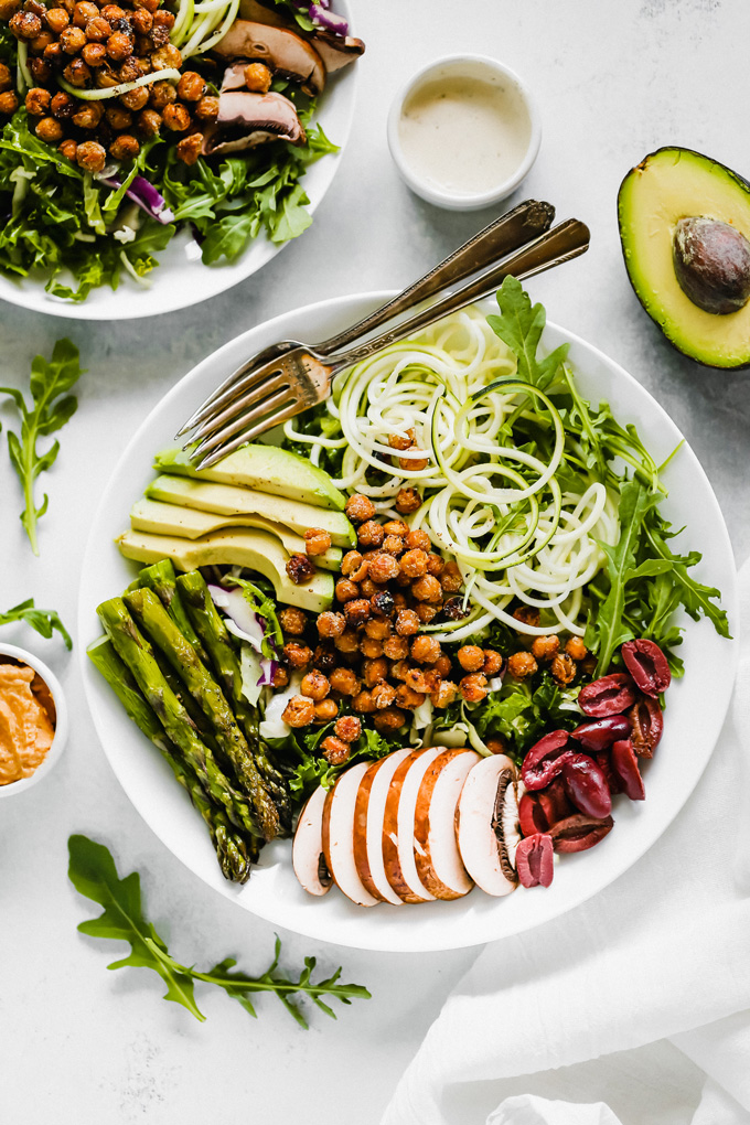 Green Goddess Salad With Roasted Chickpeas is loaded with plant protein and packed with green goodness to keep you full all day! NeuroticMommy.com #salad #vegan #healthy