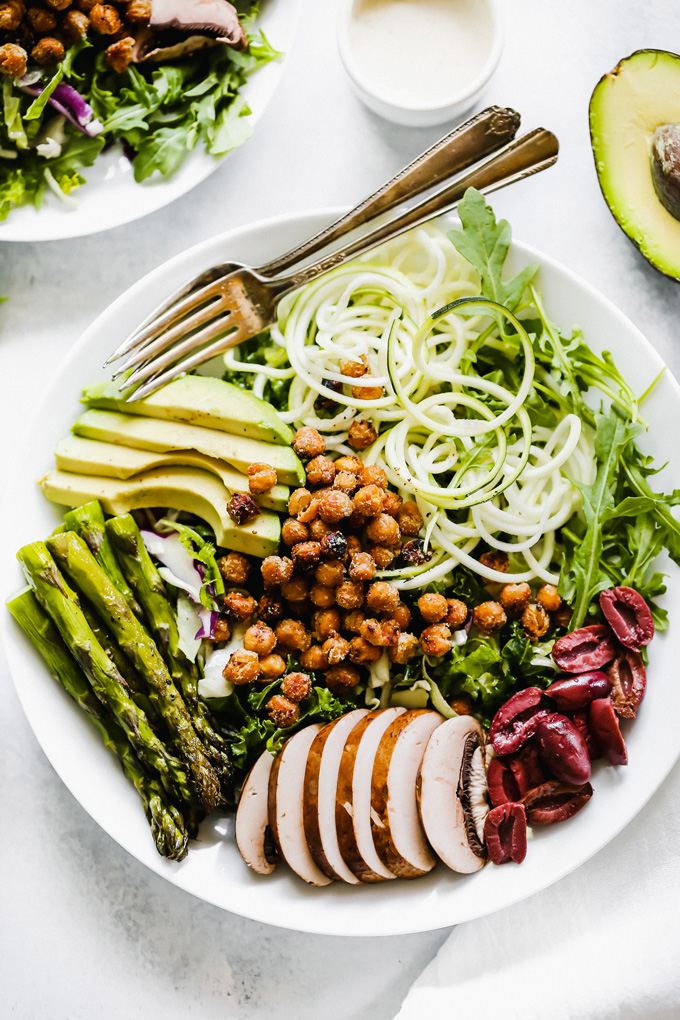 Green Goddess Salad With Roasted Chickpeas is loaded with plant protein and packed with green goodness to keep you full all day! NeuroticMommy.com #salad #vegan #healthy