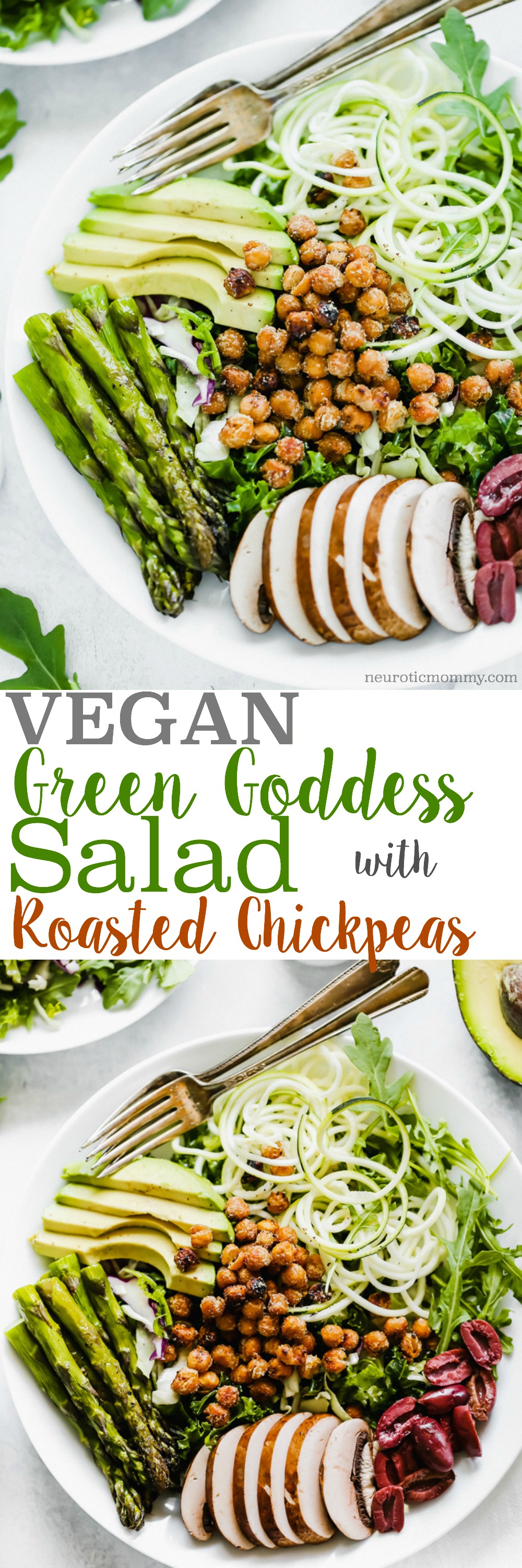 Green Goddess Salad With Roasted Chickpeas is loaded with plant protein and packed with green goodness to keep you full all day! NeuroticMommy.com #salad #vegan #healthy