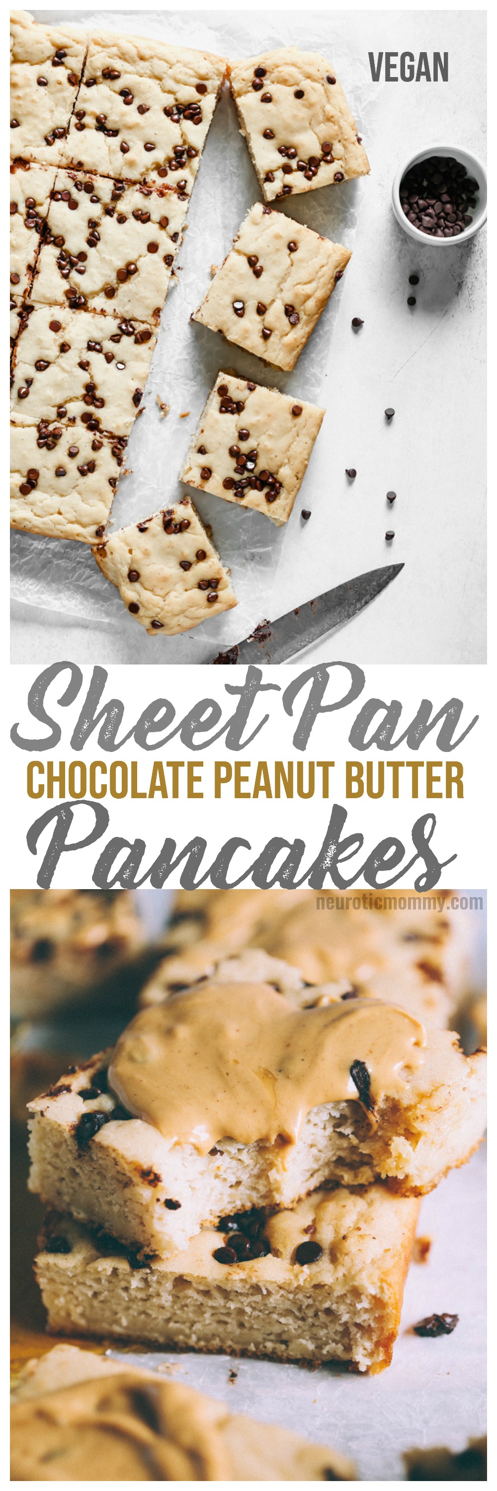 Vegan Sheet Pan Chocolate Peanut Butter Pancakes - Taking breakfast to a whole new level with these decked out pancake bars smothered with vegan white chocolate peanut butter and dazzled with dairy free chocolate chips. NeuroticMommy.com #vegan #pancakes #sheetpan