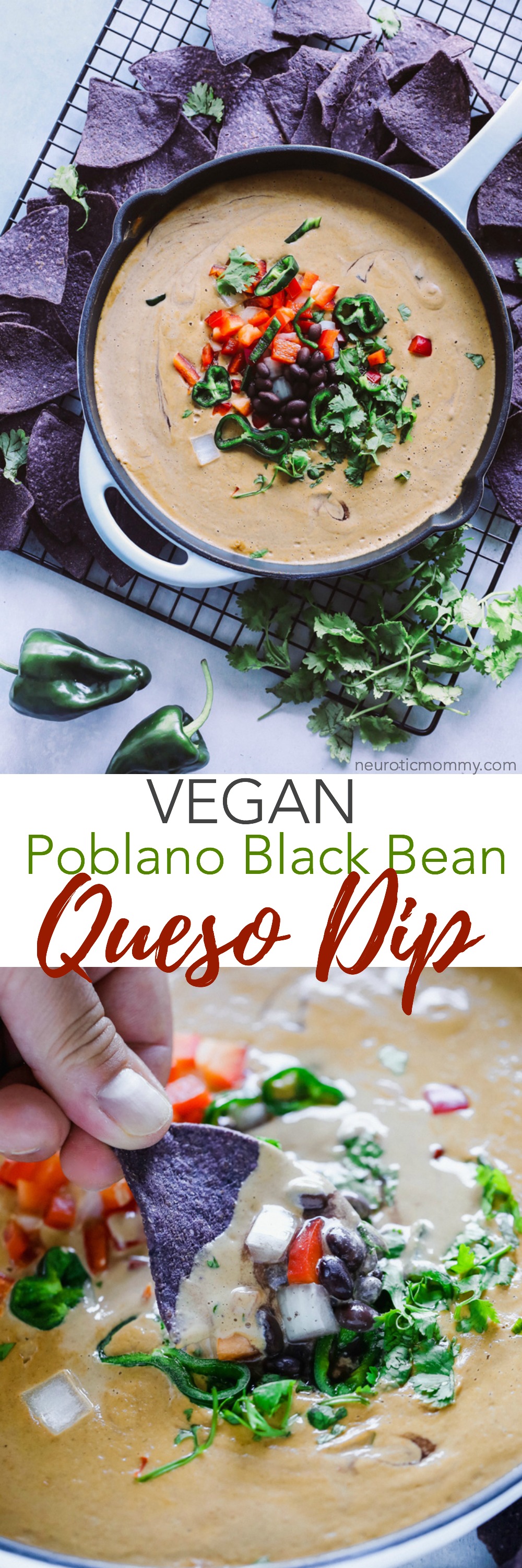 Vegan Poblano Black Bean Queso Dip is anything but basic. Loaded with all sorts of fresh goodness turned into a creamy, melty, luscious cheese dip perfect for all your dunking needs. NeuroticMommy.com #veganqueso #dip