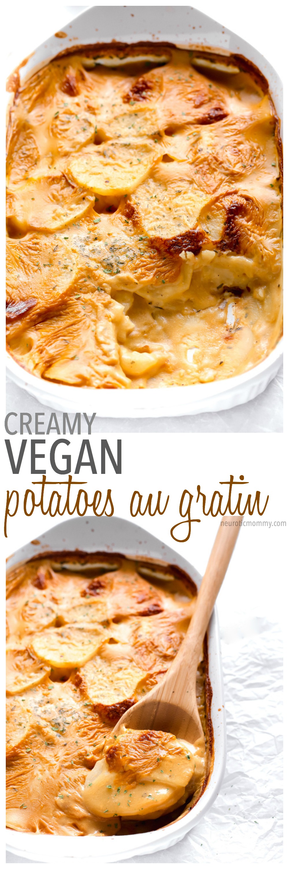 Creamy Vegan Potatoes Au Gratin - the perfect side dish to go with just about anything and you would never know it was vegan. The rich "cheesiness" is even better than the traditional. NeuroticMommy.com #vegan #potatoesaugratin