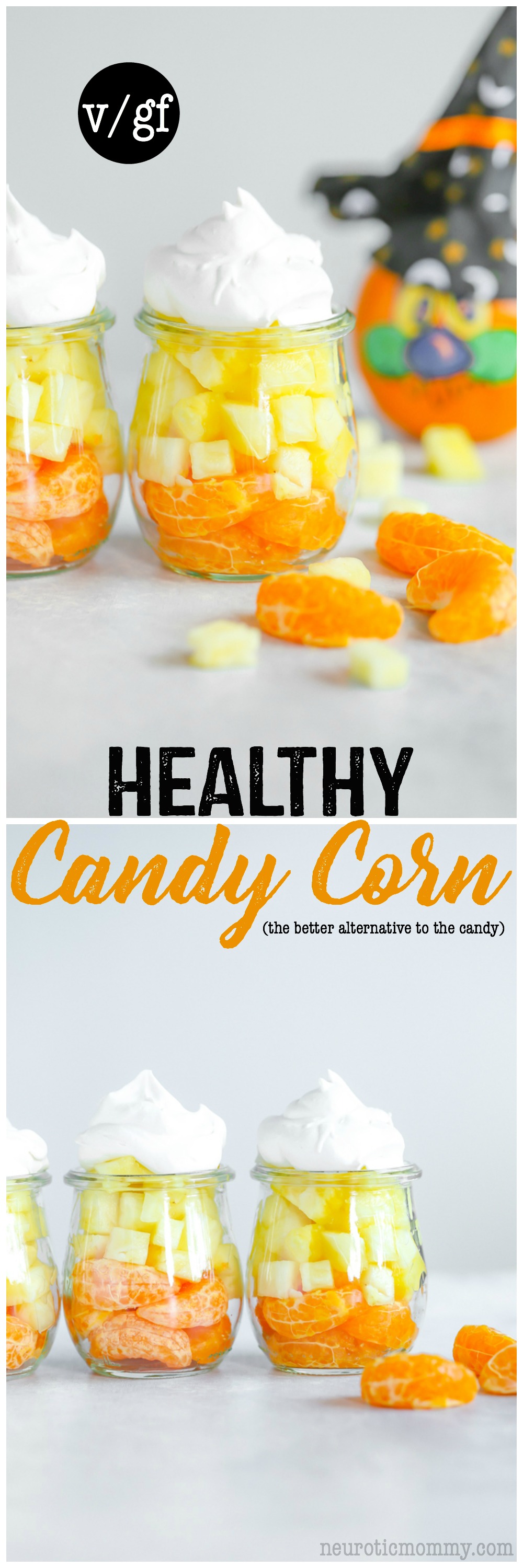 Healthy Candy Corn - A healthier, tastier option to the original. Fun and creative, something the kids will love to make and eat! NeuroticMommy.com #vegan #halloween #candycorn