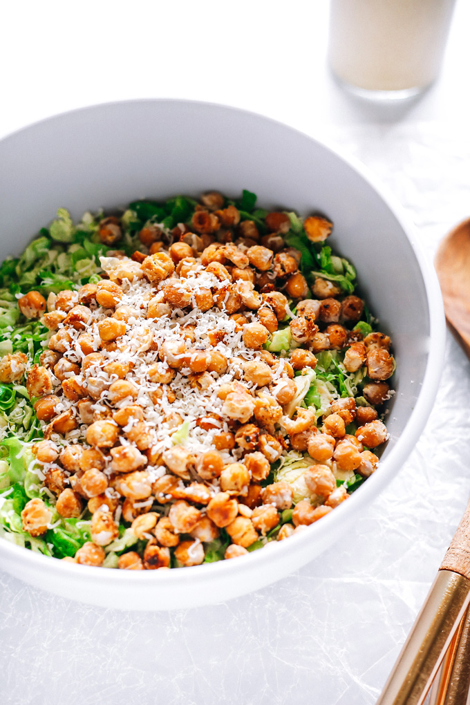 Vegan Brussels Sprouts Caesar Salad with Chickpea Croutons - Topped with chickpea croutons and a homemade vegan caesar dressing. NeuroticMommy.com #vegan #caesarsalad #healthy