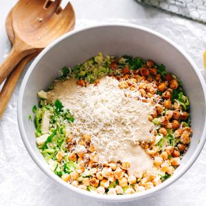 Vegan Brussels Sprouts Caesar Salad with Chickpea Croutons - Topped with chickpea croutons and a homemade vegan caesar dressing. NeuroticMommy.com #vegan #caesarsalad #healthy