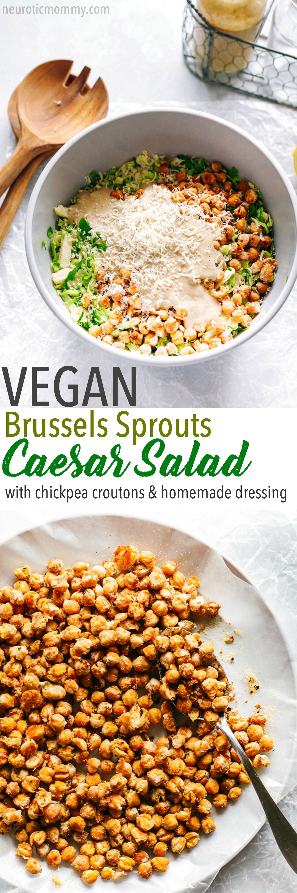 Vegan Brussels Sprouts Caesar Salad with Chickpea Croutons - Topped with chickpea croutons and a homemade vegan caesar dressing. NeuroticMommy.com #vegan #caesarsalad #healthy
