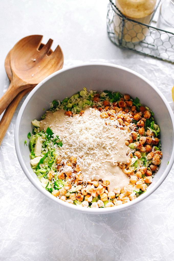 Vegan Brussels Sprouts Caesar Salad with Chickpea Croutons - Topped with chickpea croutons and a homemade vegan caesar dressing. NeuroticMommy.com #vegan #caesarsalad #healthy