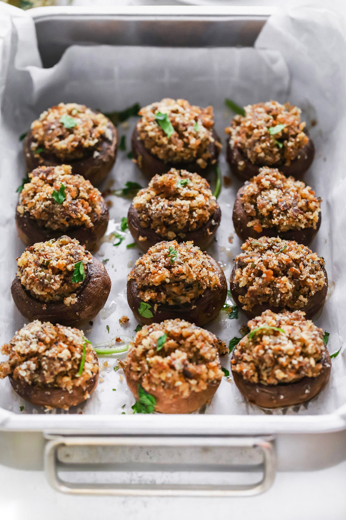 Classic Italian Vegan Stuffed Mushrooms - Filled with a stuffing full of flavor and spices and baked to perfection. These are a Thanksgiving must have. NeuroticMommy.com #vegan #thanksgiving