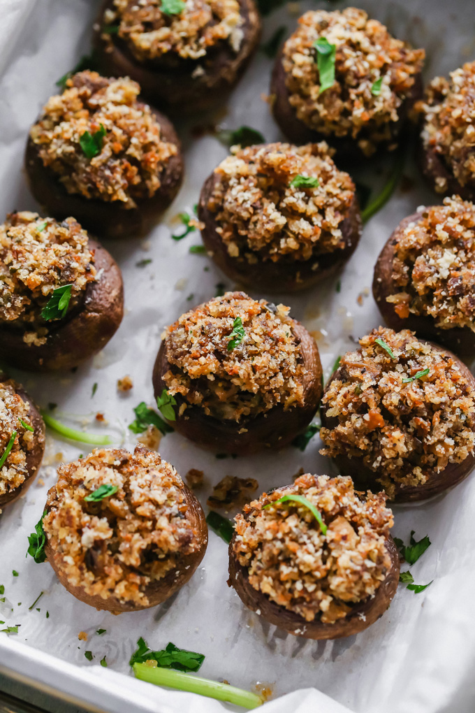 Classic Italian Vegan Stuffed Mushrooms - Filled with a stuffing full of flavor and spices and baked to perfection. These are a Thanksgiving must have. NeuroticMommy.com #vegan #thanksgiving