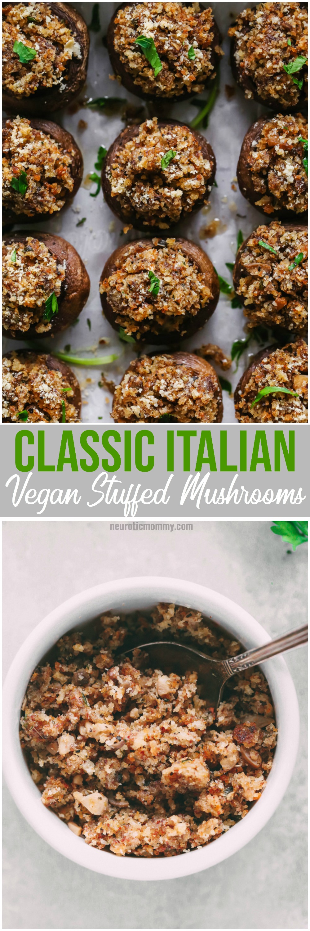 Classic Italian Vegan Stuffed Mushrooms - Filled with a stuffing full of flavor and spices and baked to perfection. These are a Thanksgiving must have. NeuroticMommy.com #vegan #thanksgiving