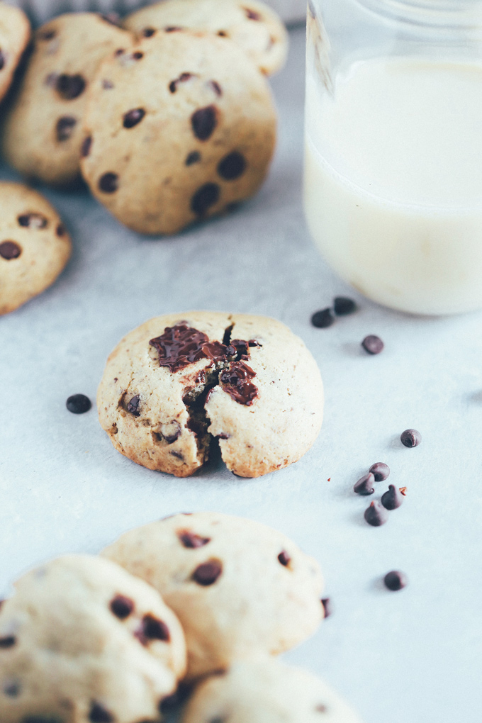 The Easiest Vegan Chocolate Chip Cookies - With a cake like center, these cookies have melty chocolate chips in every bite. No waiting for the dough to set, just whip these together with the easiest ingredients, enjoy raw or cooked and that's it! NeuroticMommy.com #vegancookies #chocolatechips #christmascookies