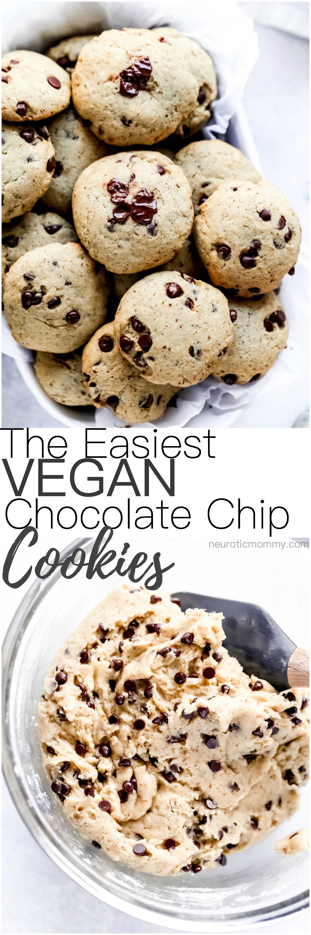 The Easiest Vegan Chocolate Chip Cookies - With a cake like center, these cookies have melty chocolate chips in every bite. No waiting for the dough to set, just whip these together with the easiest ingredients, enjoy raw or cooked and that's it! NeuroticMommy.com #vegancookies #chocolatechips #christmascookies