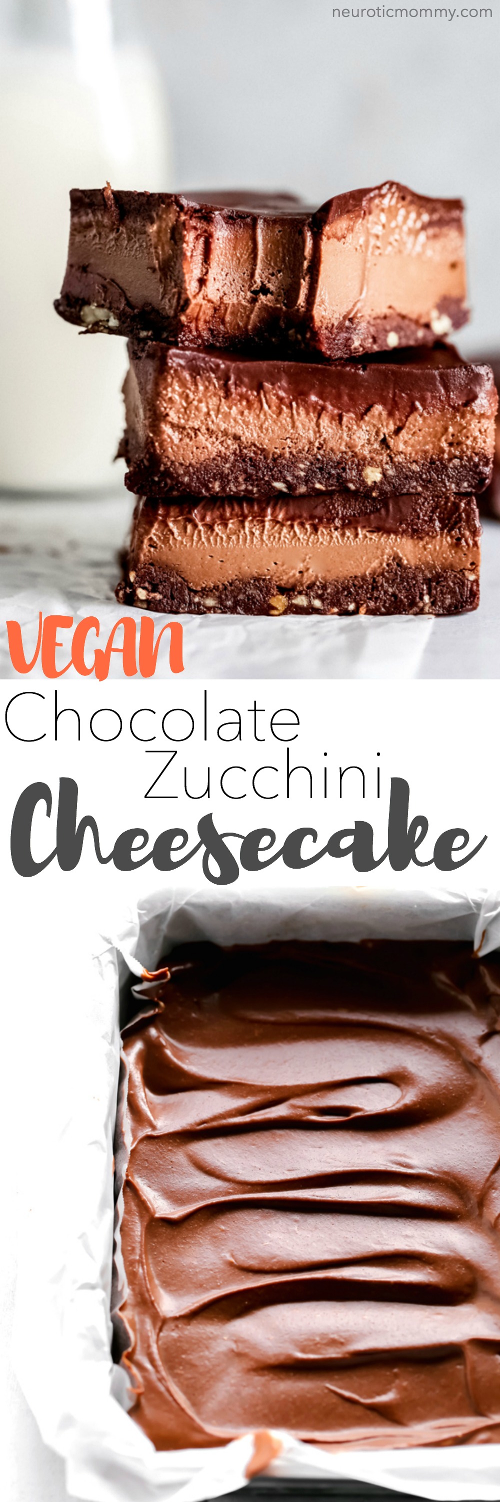 Vegan Chocolate Zucchini Cheesecake - The healthy, triple chocolate treat you've been waiting for. Rich, decedent, super chocolatey, and loaded with sneaky veggies. You would never know! NeuroticMommy.com #vegancheesecake #chocolatecheesecake #desserts