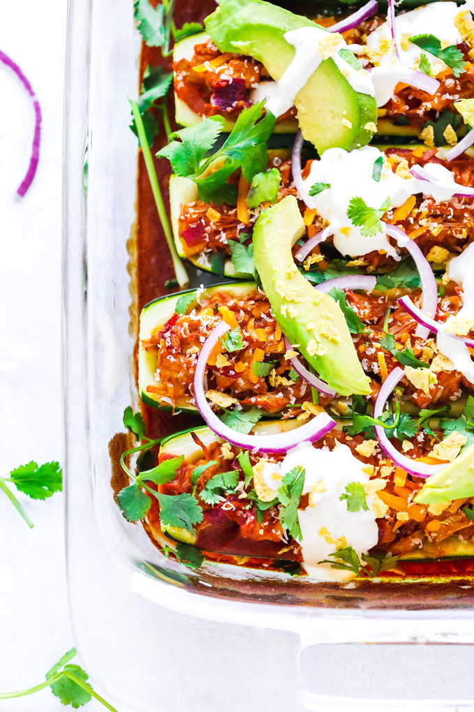 Vegan Jackfruit Enchilada Zucchini Boats - Add this low carb healthy meal to your weekly rotation. Stay on track with this vegan deliciousness without having to sacrifice taste or texture! NeuroticMommy.com #vegan #healthy #veganmealideas