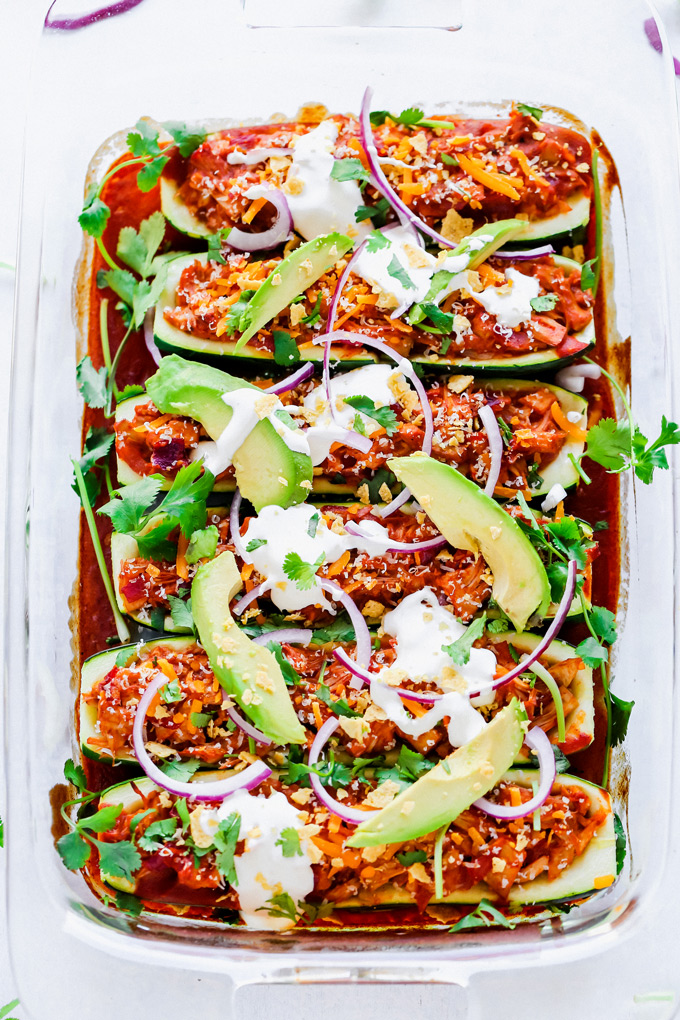 Vegan Jackfruit Enchilada Zucchini Boats - Add this low carb healthy meal to your weekly rotation. Stay on track with this vegan deliciousness without having to sacrifice taste or texture! NeuroticMommy.com #vegan #healthy #veganmealideas