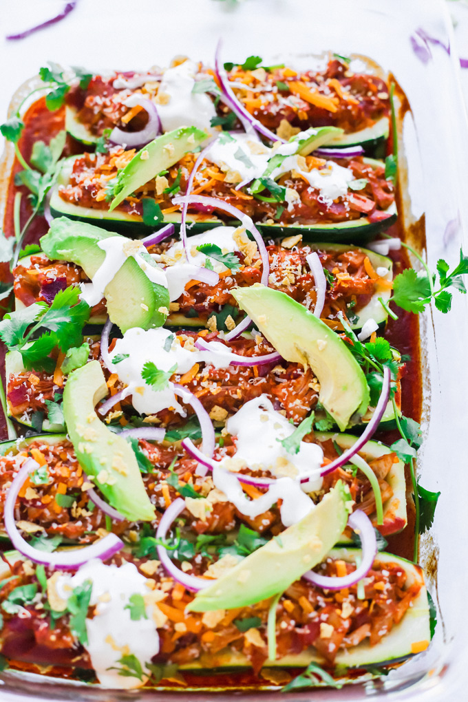 Vegan Jackfruit Enchilada Zucchini Boats - Add this low carb healthy meal to your weekly rotation. Stay on track with this vegan deliciousness without having to sacrifice taste or texture! NeuroticMommy.com #vegan #healthy #veganmealideas