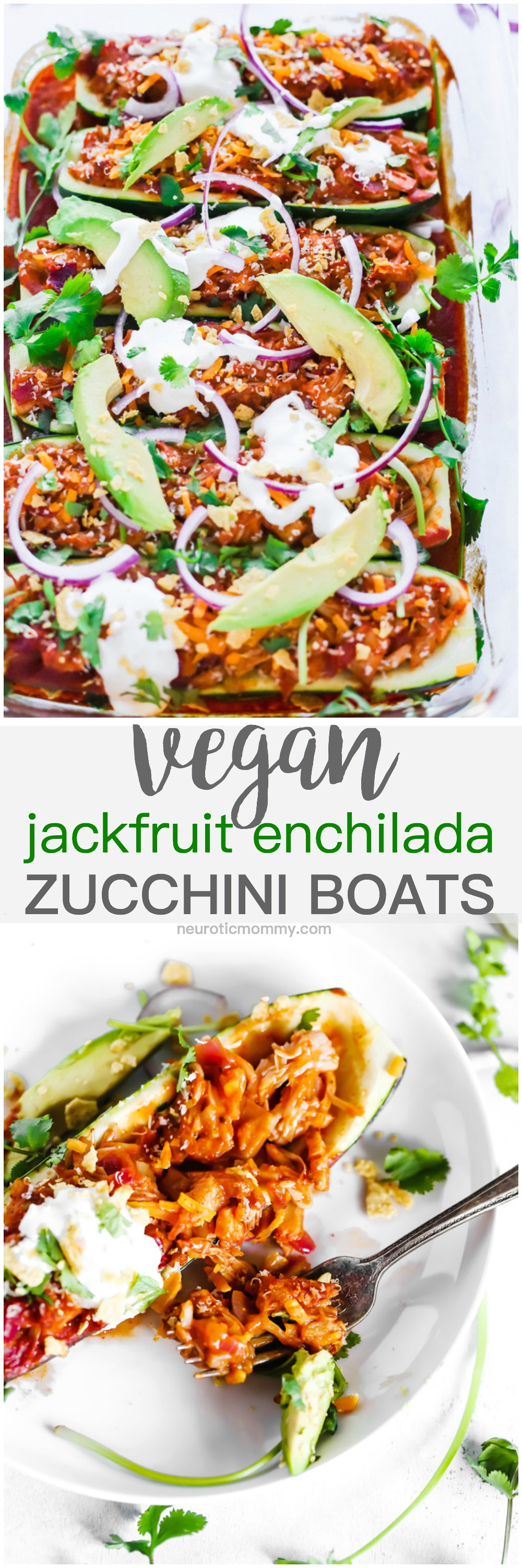 Vegan Jackfruit Enchilada Zucchini Boats - Add this low carb healthy meal to your weekly rotation. Stay on track with this vegan deliciousness without having to sacrifice taste or texture! NeuroticMommy.com #vegan #healthy #veganmealideas