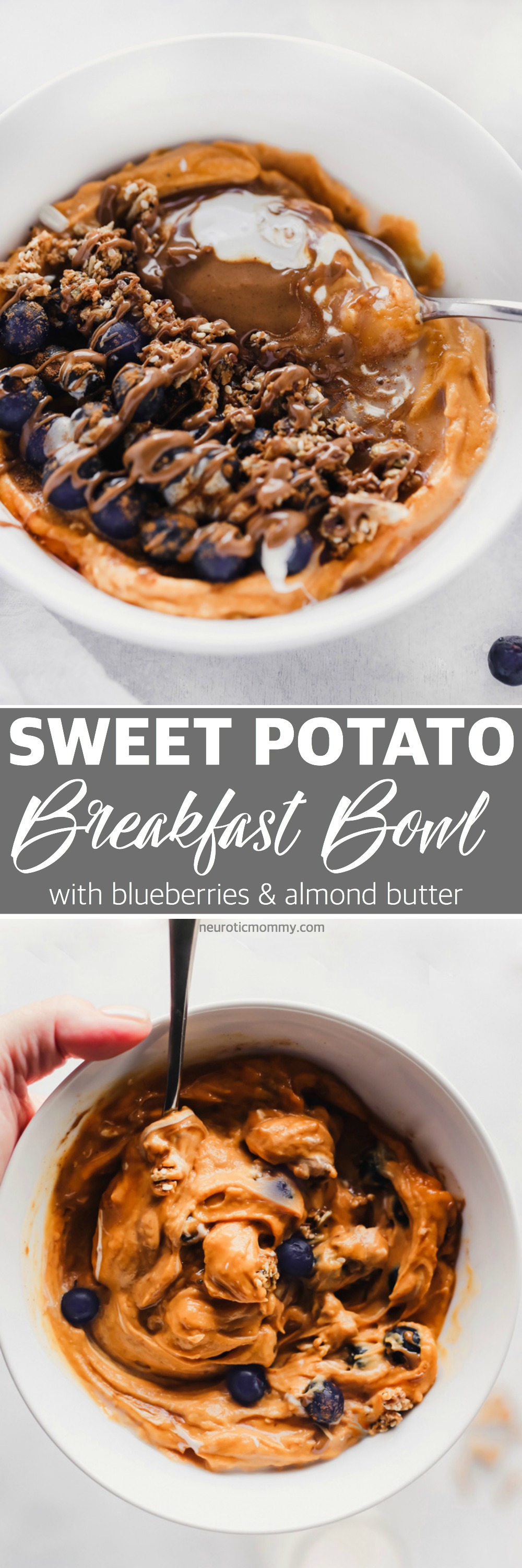 Vegan Sweet Potato Breakfast Bowl - Topped with blueberries, almond butter, and dairy free yogurt, this is packed with fiber, healthy fats and so easy to make! You can meal prep this and have it ready to go with all the right ingredients to fuel your day! NeuroticMommy.com #vegan #breakfast #sweetpotatoes