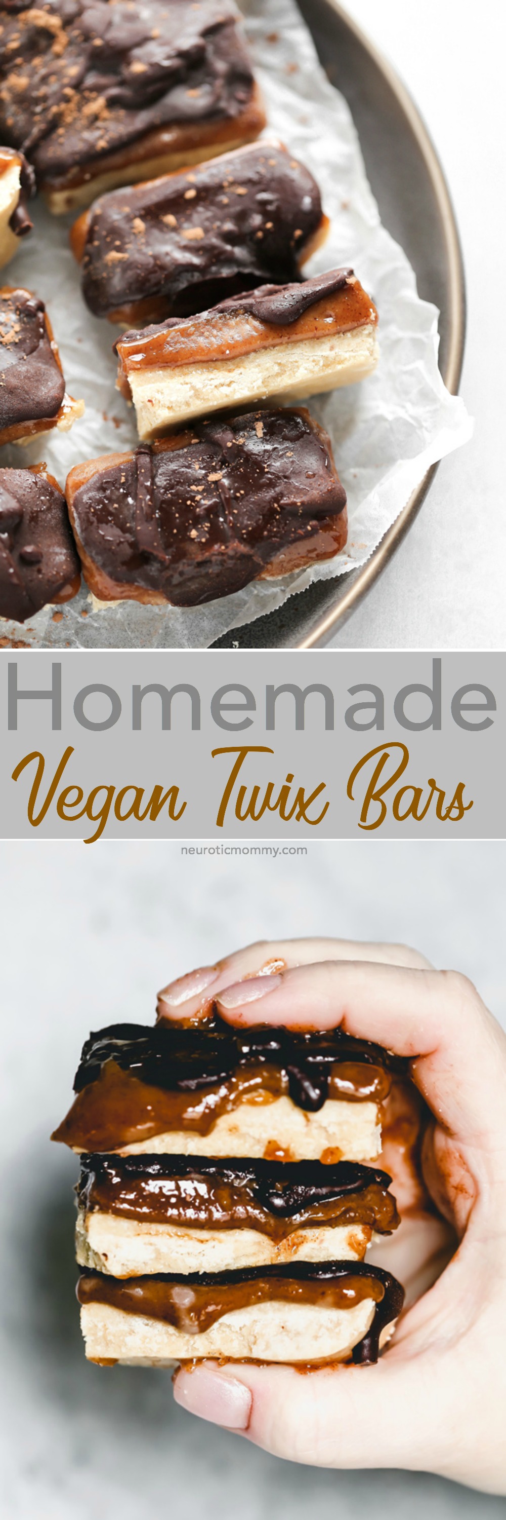 Homemade Vegan Twix Bars - A traditional shortbread crust layered with gooey caramel filling and a sweet dark chocolate topping. A delicious vegan remake to a classic recipe. NeuroticMommy.com #vegantwix