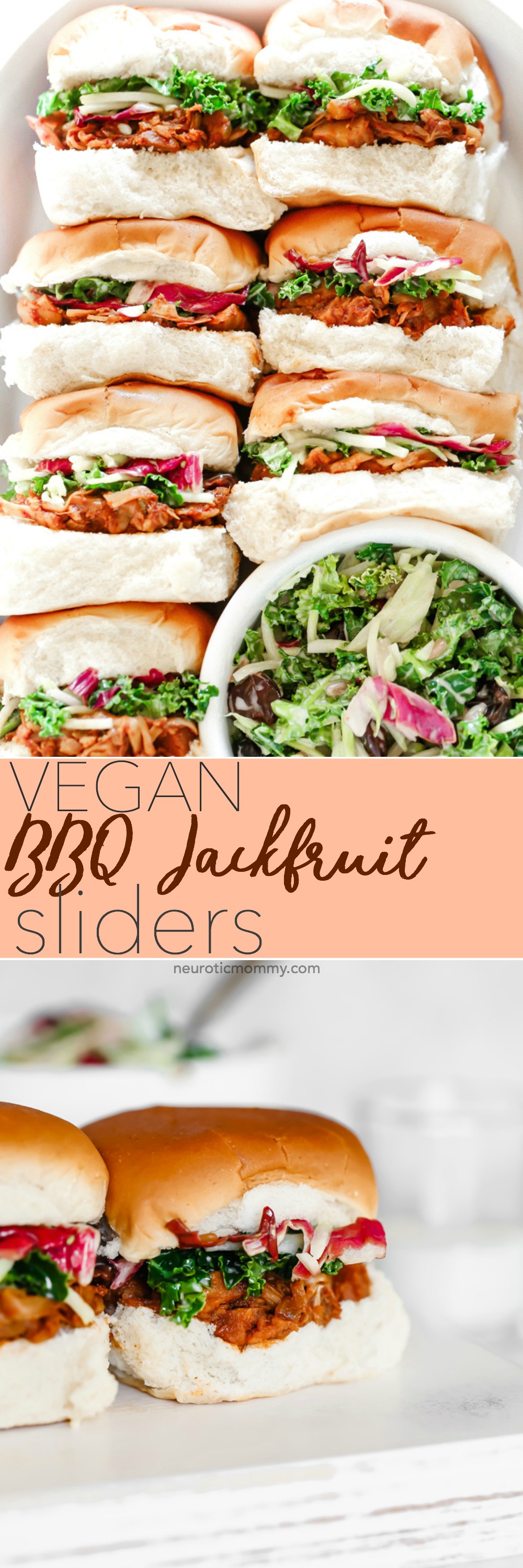 Vegan BBQ Jackfruit Sliders - These are so good. The jackfruit is super tender and it all sort of melts in your mouth. Paired with a cool coleslaw and option to meal prep. NeuroticMommy.com #vegansliders #bbqjackfruit