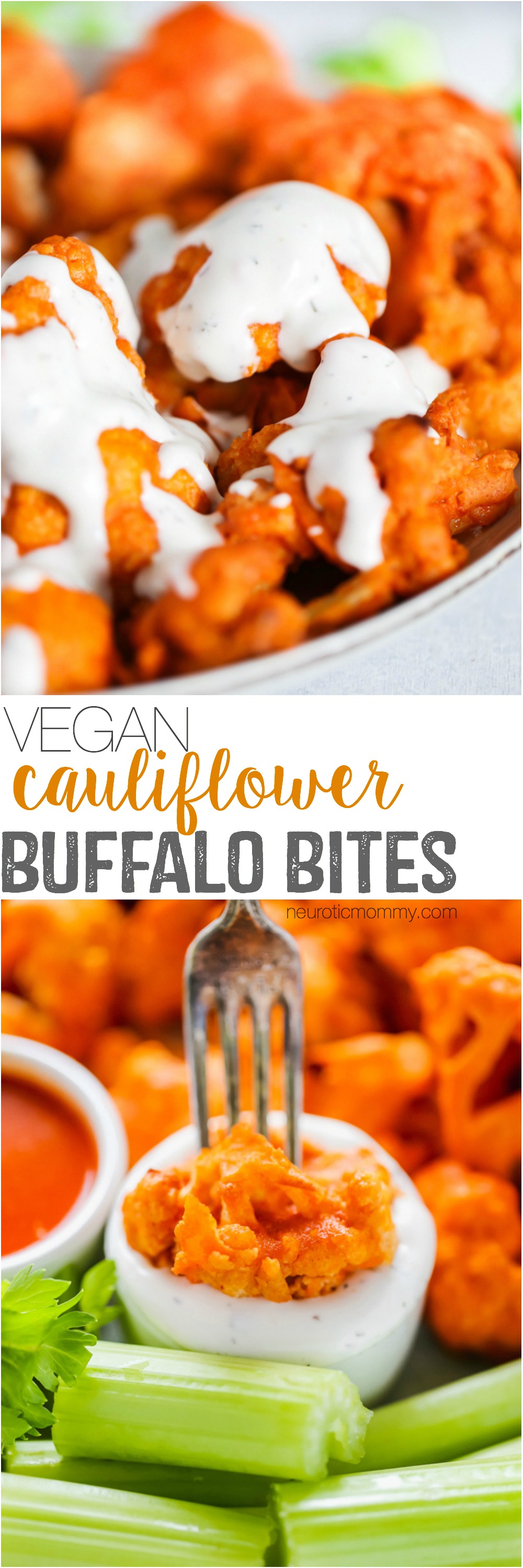 Vegan Cauliflower Buffalo Bites - Baked to crunchy perfection and smothered in vegan blue cheese, this is ready and set to go in under 30 minutes. NeuroticMommy.com #vegan #vegansnacks #buffalocauliflower 