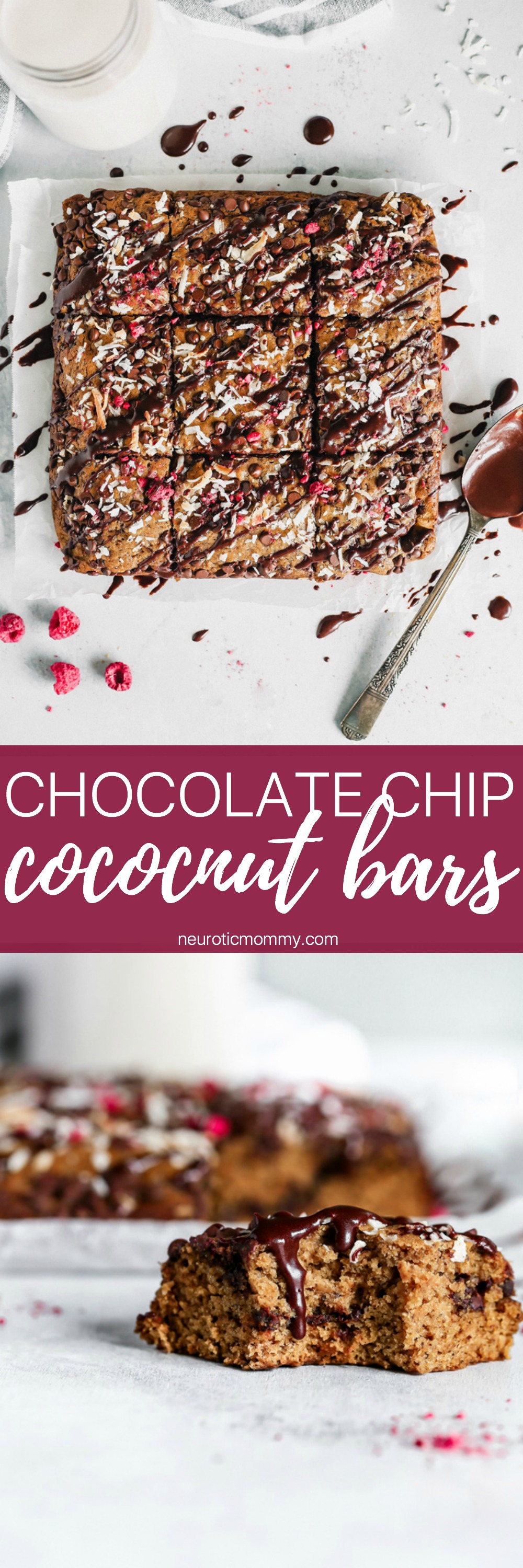 Chocolate Chip Coconut Bars - Enjoy straight from the oven while the bars are still warm & the chocolate chips are super melty. NeuroticMommy.com #vegan #chocolatechip