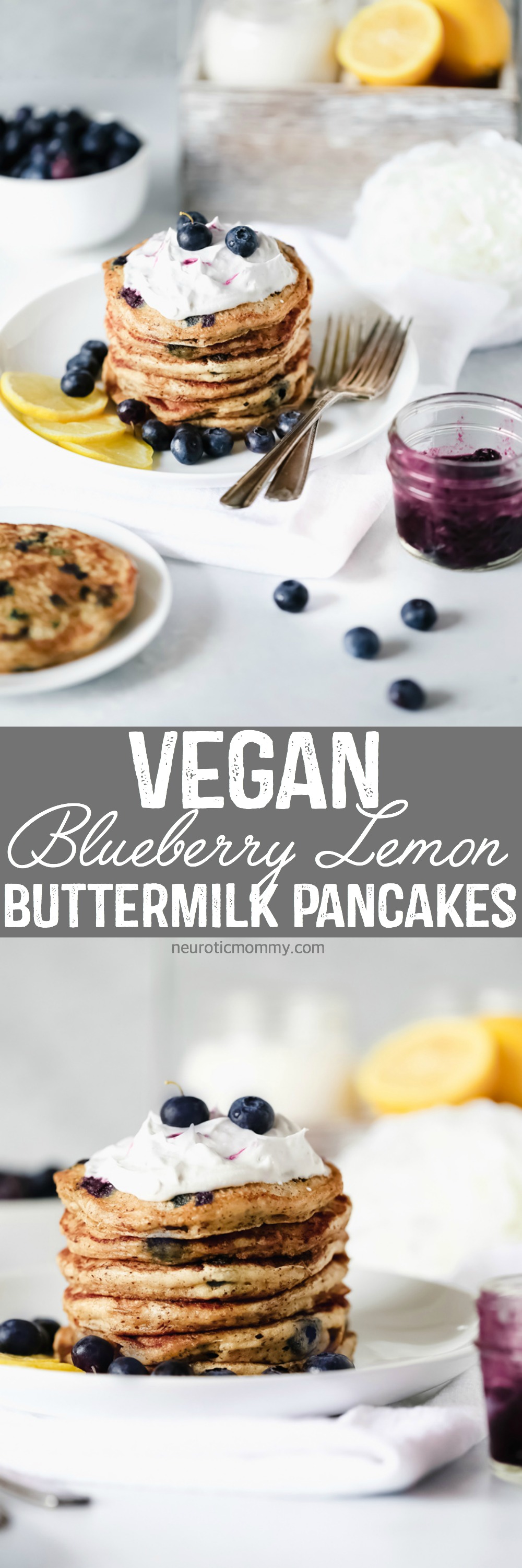 Vegan Blueberry Lemon Buttermilk Pancakes - The BEST VEGAN Fluffy Buttermilk Pancakes you'll ever try! With blueberries and lemon in every bite and topped with coconut whip cream, maple syrup and a blueberry compote. NeuroticMommy.com #vegan #pancakes