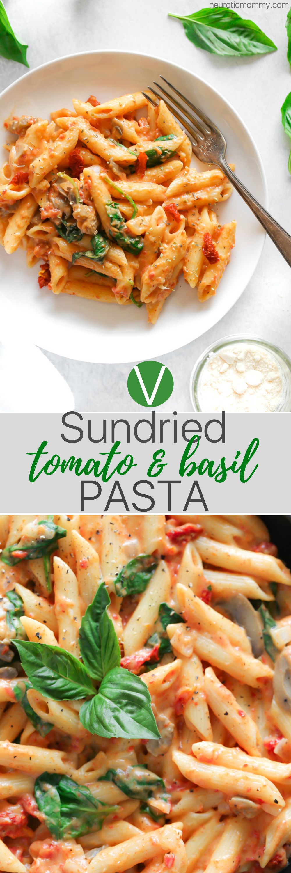 Vegan Sun-dried Tomato Basil Pasta - Just a few ingredients make up this luxuriously creamy sun-dried tomato basil cream sauce. It's perfect for dipping or swirled with your favorite pasta and veggies! - NeuroticMommy.com #vegandinner