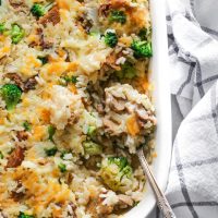 This broccoli "sausage" and cheese casserole is loaded with broccoli, rice, sausage, mushrooms and all finished off with a super melty cheesy topping. NeuroticMommy.com #vegandinner