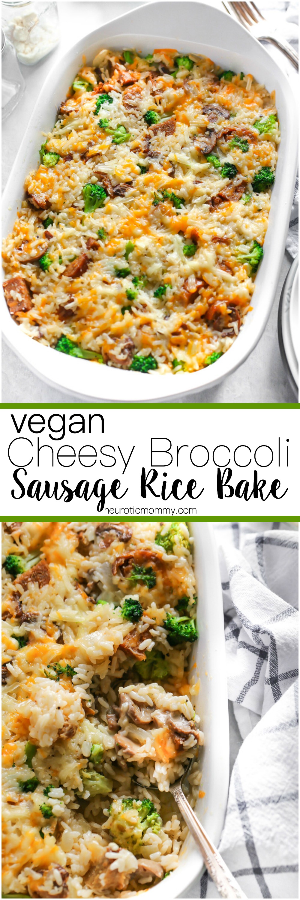 This broccoli "sausage" and cheese casserole is loaded with broccoli, rice, sausage, mushrooms and all finished off with a super melty cheesy topping. NeuroticMommy.com #vegandinner