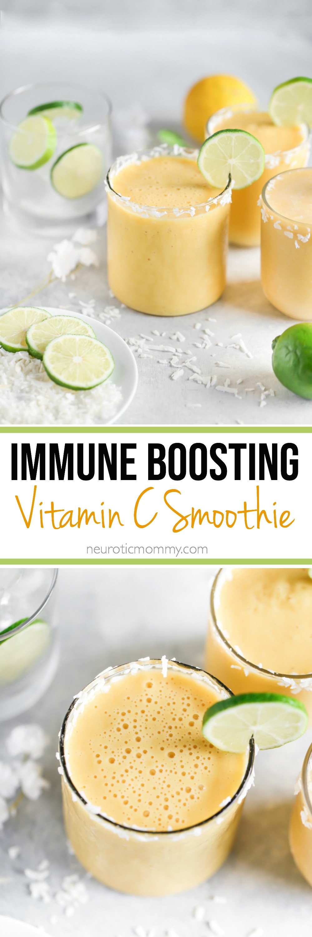 This Immune Boosting Vitamin C Smoothie will give you all the summer feels as it's loaded with vitamin C (hence the name), is super refreshing with hints of lemon, lime, and vanilla. NeuroticMommy.com #smoothie #immunebooster