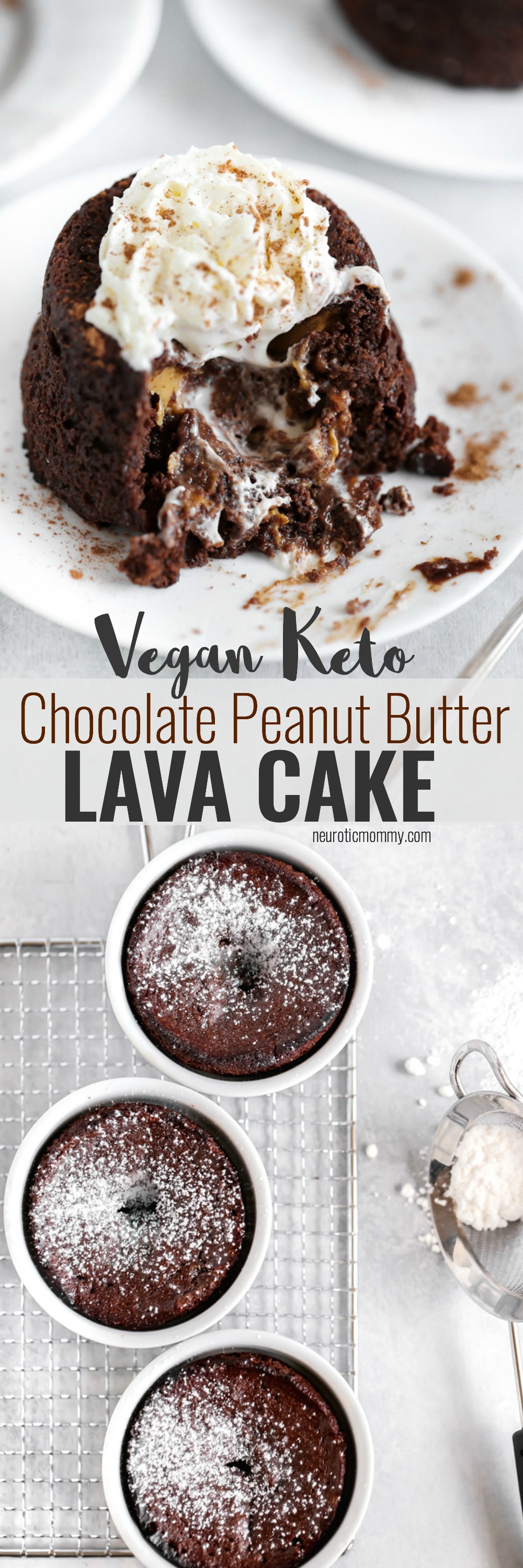 Vegan Keto Chocolate Peanut Butter Lava Cake - This is what real love looks like with an ooey, gooey peanut buttery center, this low carb chocolate decadence is the perfect keto treat. NeuroticMommy.com #veganketo #keto