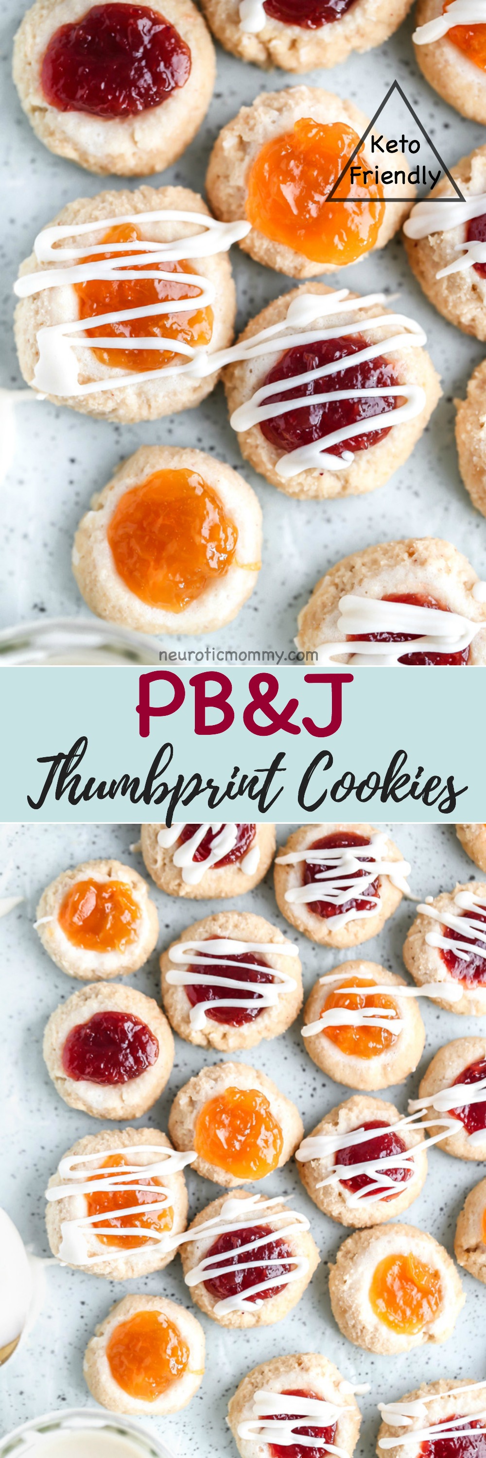 PB&J Thumbprint Cookies - Easy no bake vegan cookies are peanut buttery & filled with jam then topped with a heavenly vanilla glaze. Perfect for any occasion. NeuroticMommy.com #vegan #keto