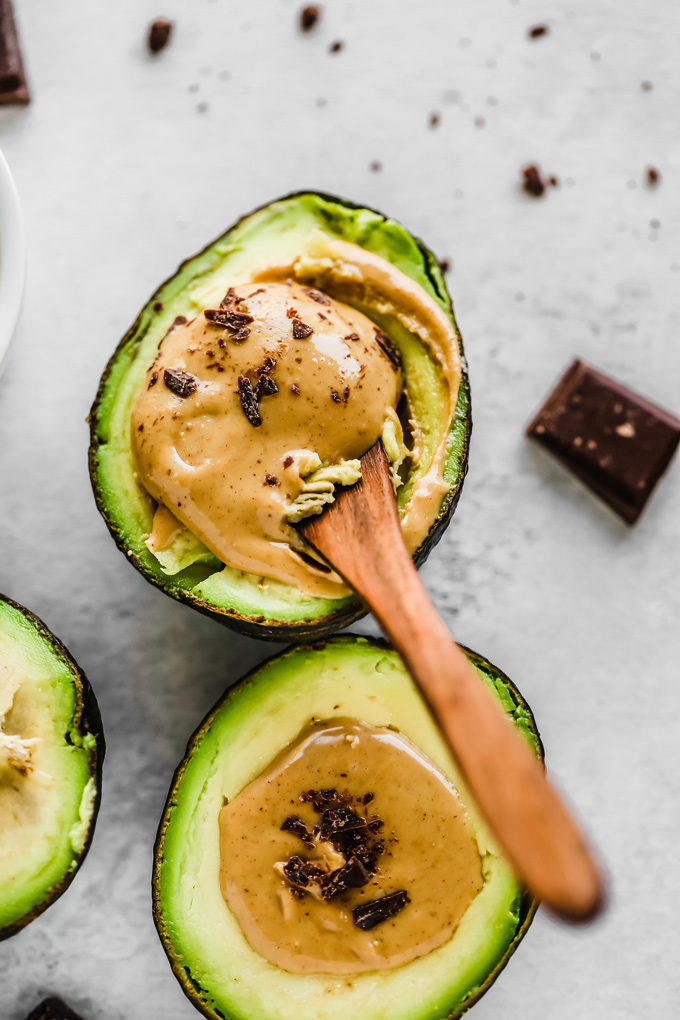 This Peanut Butter Chocolate Stuffed Avocado is for the lazy gal who wants to make a mousse or chocolate pudding but also A. doesn't have the time or B. Just doesn't want to do it. You get the best of all three worlds this way and it still tastes damn delicious. A vegan keto snack that certainly hits the spot. 