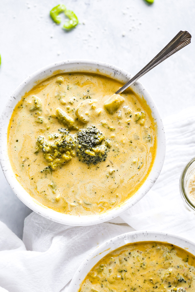 Vegan Broccoli Cheddar Soup - Cozy, warming and loaded with healing foods like broccoli, celery, and cashews. So creamy and full of cheddar flavor! NeuroticMommy.com #vegan #soup