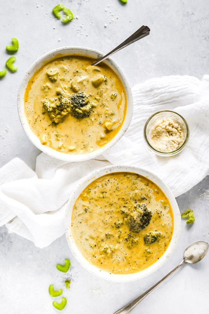 Vegan Broccoli Cheddar Soup - Cozy, warming and loaded with healing foods like broccoli, celery, and cashews. So creamy and full of cheddar flavor! NeuroticMommy.com #vegan #soup