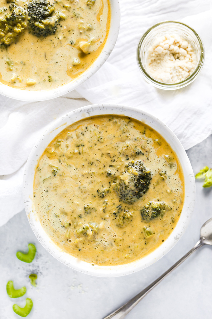 Vegan Broccoli Cheddar Soup - Cozy, warming and loaded with healing foods like broccoli, celery, and cashews. So creamy and full of cheddar flavor! NeuroticMommy.com #vegan #soup