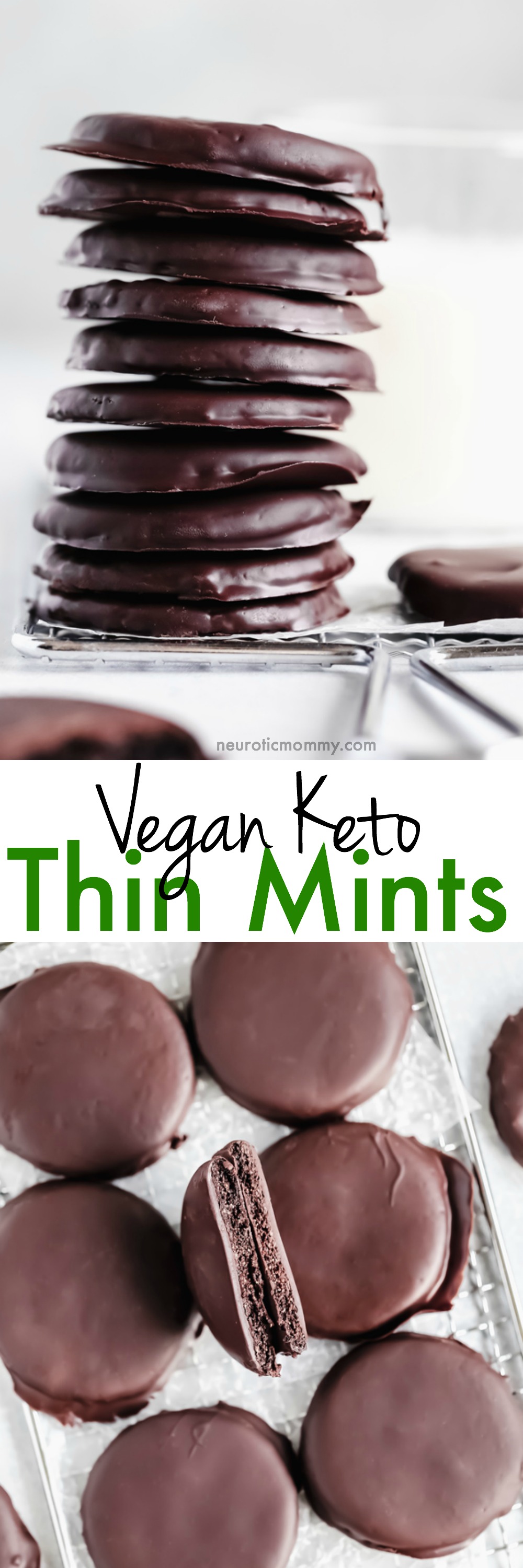 Vegan Keto Thin Mints - Draped in a chocolate minty coating you can enjoy the famous girl scout cookies everyone loves made vegan and keto friendly! NeuroticMommy.com