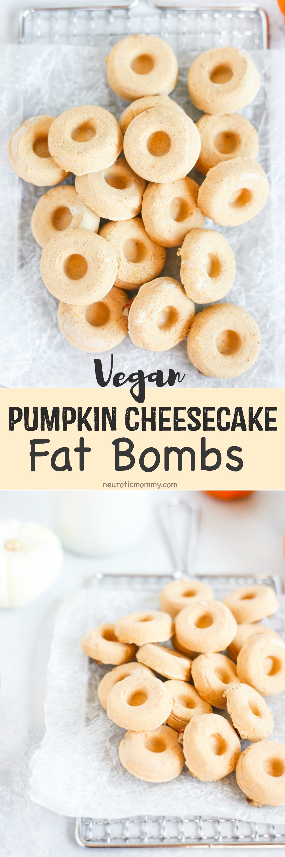 Vegan Pumpkin Cheesecake Doughnut Fat Bombs - Yum pumpkin doughnut creamy cheesecake goodness that will help you reach your fat goal & keep you in ketosis! And the perfect fall, holiday treat! NeuroticMommy.com #vegan #keto