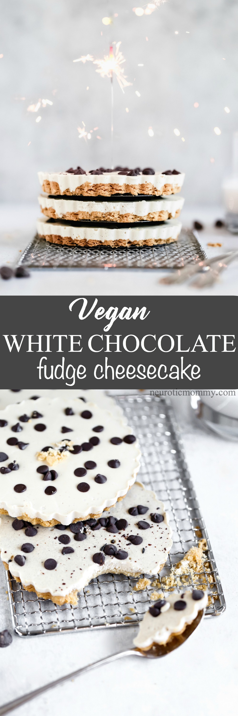 Vegan White Chocolate Fudge Cheesecake - In celebration of NeuroticMommy's 6th birthday, this creamy, indulgent deliciousness is made with a vegan buttery crust, creamy cacao butter makes up the white chocolate center, topped with dairy free chocolate chips, this is a must make! NeuroticMommy.com #vegan #keto #cheesecake