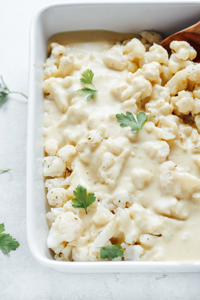 Vegan Cauliflower Mac n' Cheese - This is legit the best side dish you can make. It pairs great with anything. It's super creamy, delicious, savory and KETO Friendly! NeuroticMommy.com #vegan #keto #lowcarb