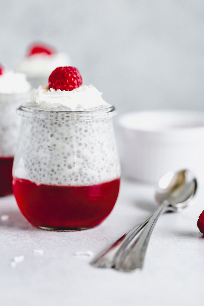 These Santa Chia Pudding Jello Parfaits are sugar free, creamy, vanilla-y, and the perfect little treat to have Christmas morning. Or any morning really for that matter. They can be enjoyed anytime of day, breakfast, lunch, dinner, snack what have you. NeuroticMommy.com #vegansnacks #vegan #keto