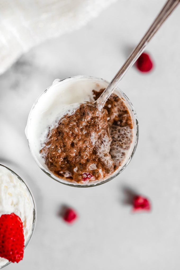 Chocolate Chia Pudding With Added Fiber - Made with unsweetened almond milk and cacao for your chocolate super food pleasures, this is deliciously perfect for breakfast or as a snack. NeuroticMommy.com #vegan #veganketo #chiapudding #healthandwellness #plantbased