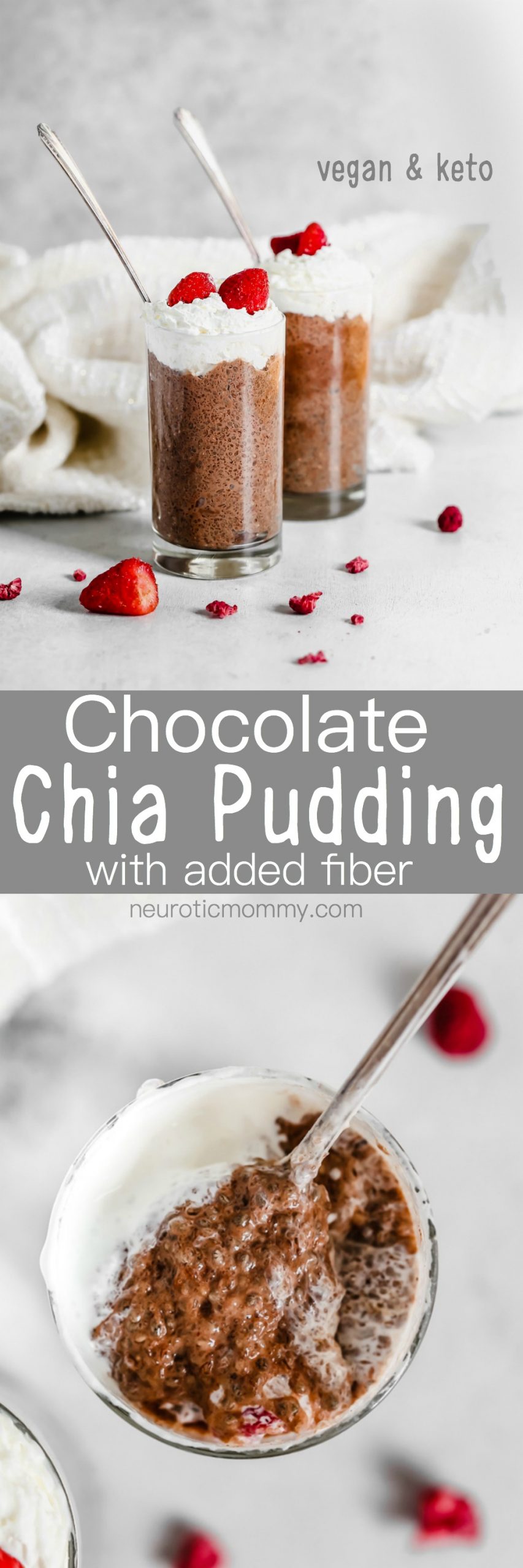 Chocolate Chia Pudding With Added Fiber - Made with unsweetened almond milk and cacao for your chocolate super food pleasures, this is deliciously perfect for breakfast or as a snack. NeuroticMommy.com #vegan #veganketo #chiapudding #healthandwellness #plantbased