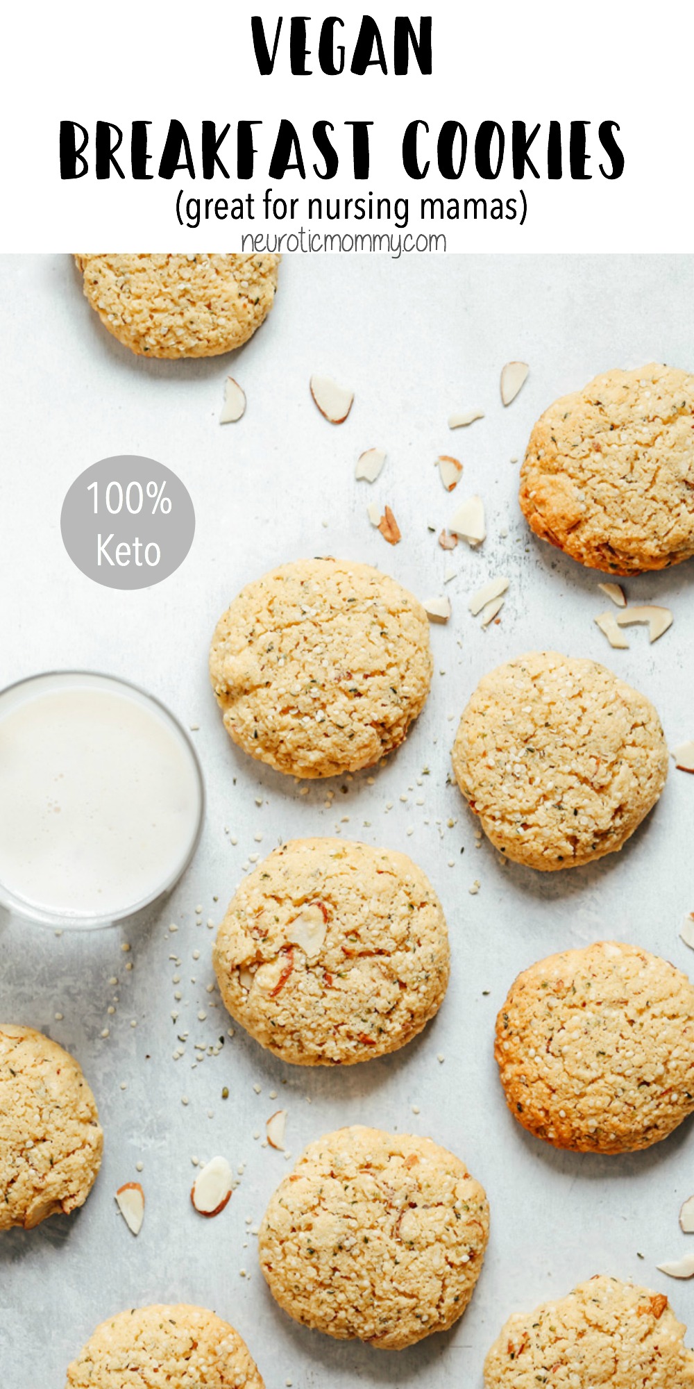 These are my Vegan Breakfast Cookies but could also be known as my Vegan Lactation Cookies. Super high in flaxseeds, hemp, and almonds, this is THE cookie to help boost and maintain milk supply. Not only that they're completely KETO! They're amazing to help you stay on track, high in healthy fats, great source of protein and only 1.2g Net Carbs. NeuroticMommy.com #vegan #veganketo #keto #cookies